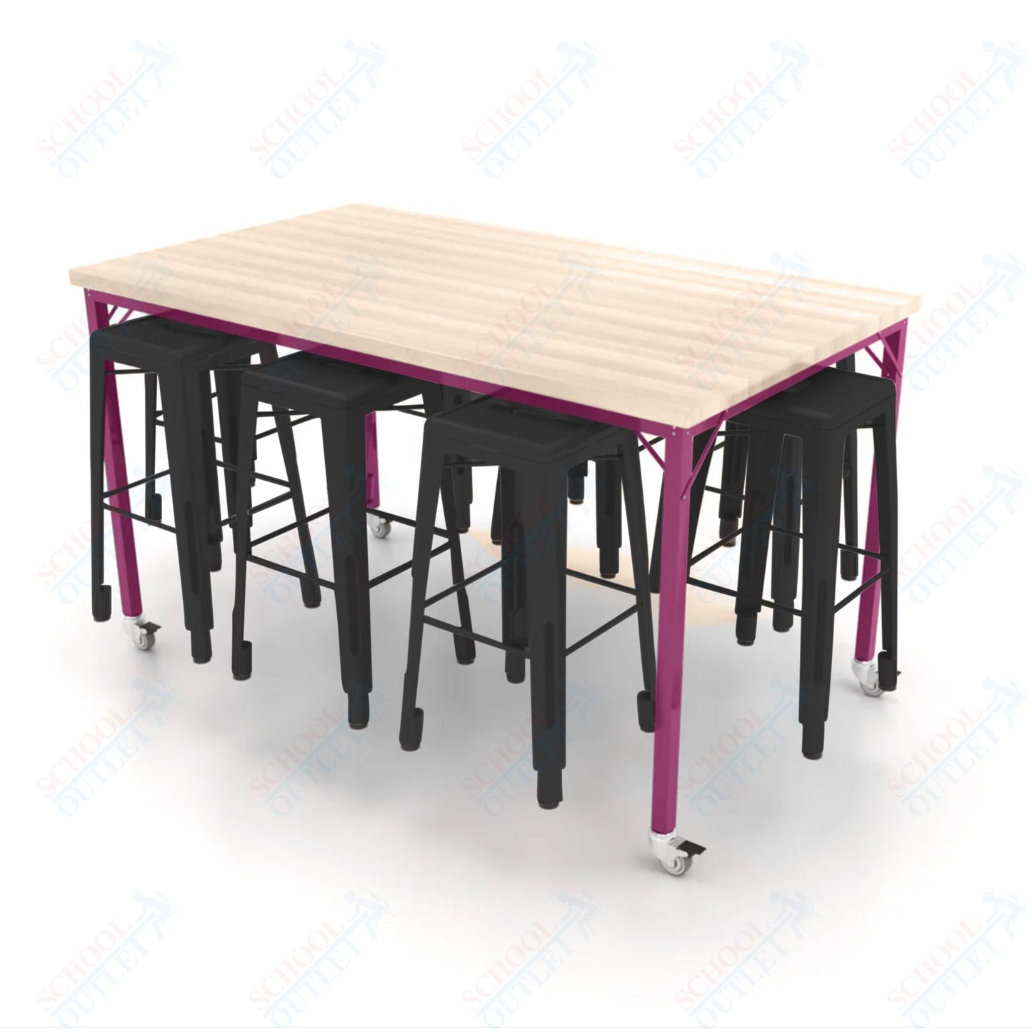 CEF Brainstorm Workbench 42"H with Butcher Block Top and Steel Frame, 8 Magnetic Metal Stools Included, for 6th Grade and Up - SchoolOutlet