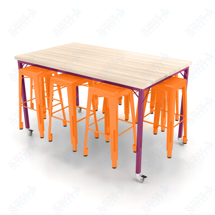 CEF Brainstorm Workbench 42"H with Butcher Block Top and Steel Frame, 8 Magnetic Metal Stools Included, for 6th Grade and Up - SchoolOutlet