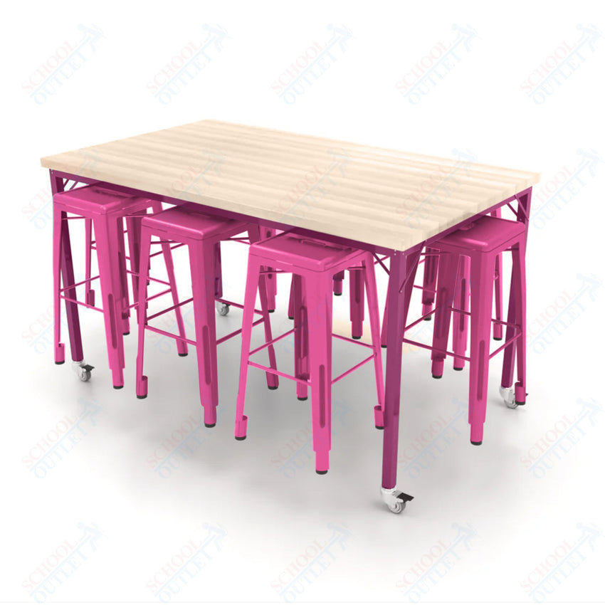 CEF Brainstorm Workbench 42"H with Butcher Block Top and Steel Frame, 8 Magnetic Metal Stools Included, for 6th Grade and Up - SchoolOutlet