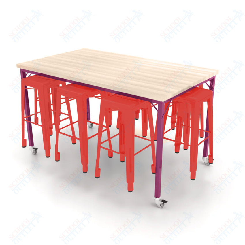 CEF Brainstorm Workbench 42"H with Butcher Block Top and Steel Frame, 8 Magnetic Metal Stools Included, for 6th Grade and Up - SchoolOutlet