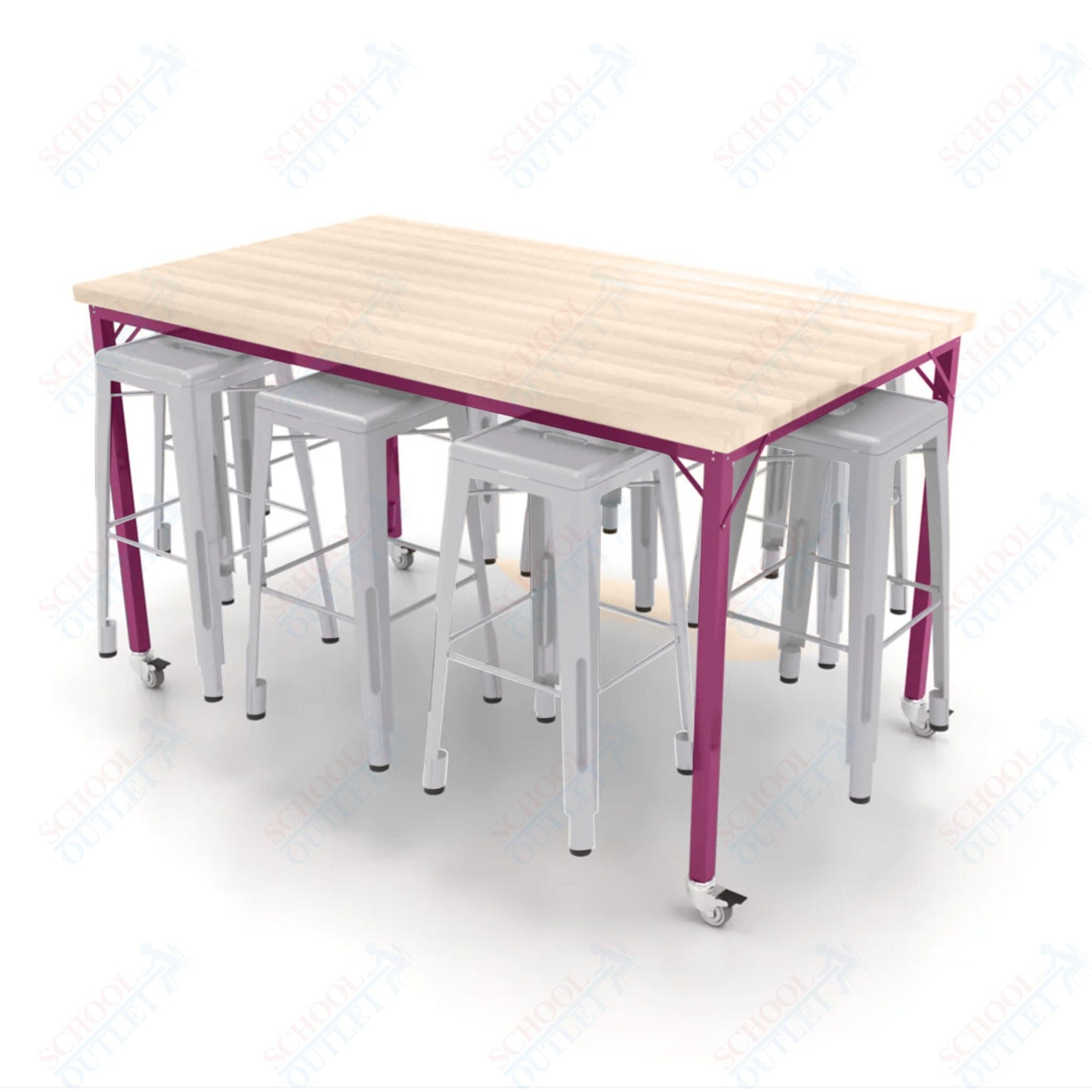 CEF Brainstorm Workbench 42"H with Butcher Block Top and Steel Frame, 8 Magnetic Metal Stools Included, for 6th Grade and Up - SchoolOutlet