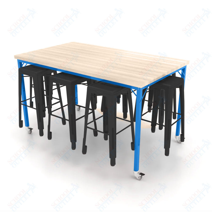 CEF Brainstorm Workbench 42"H with Butcher Block Top and Steel Frame, 8 Magnetic Metal Stools Included, for 6th Grade and Up - SchoolOutlet