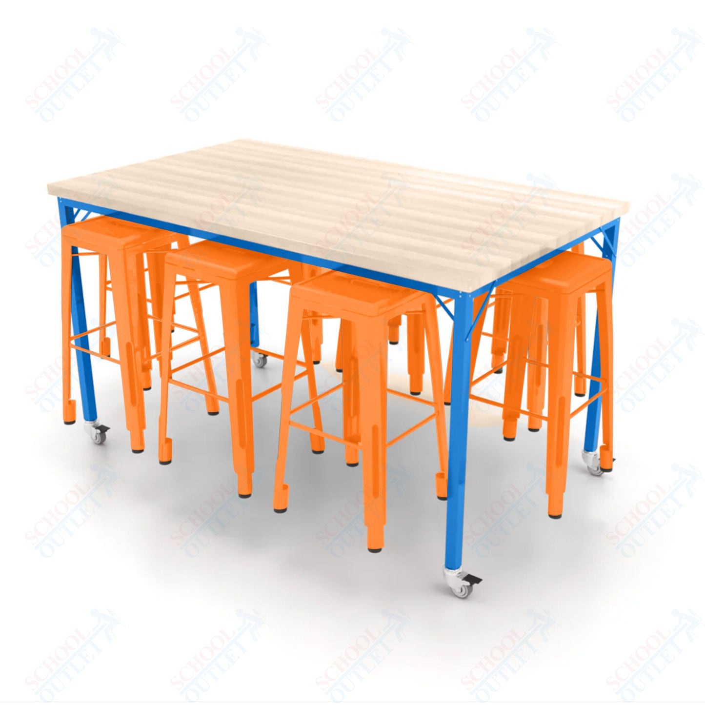 CEF Brainstorm Workbench 42"H with Butcher Block Top and Steel Frame, 8 Magnetic Metal Stools Included, for 6th Grade and Up - SchoolOutlet