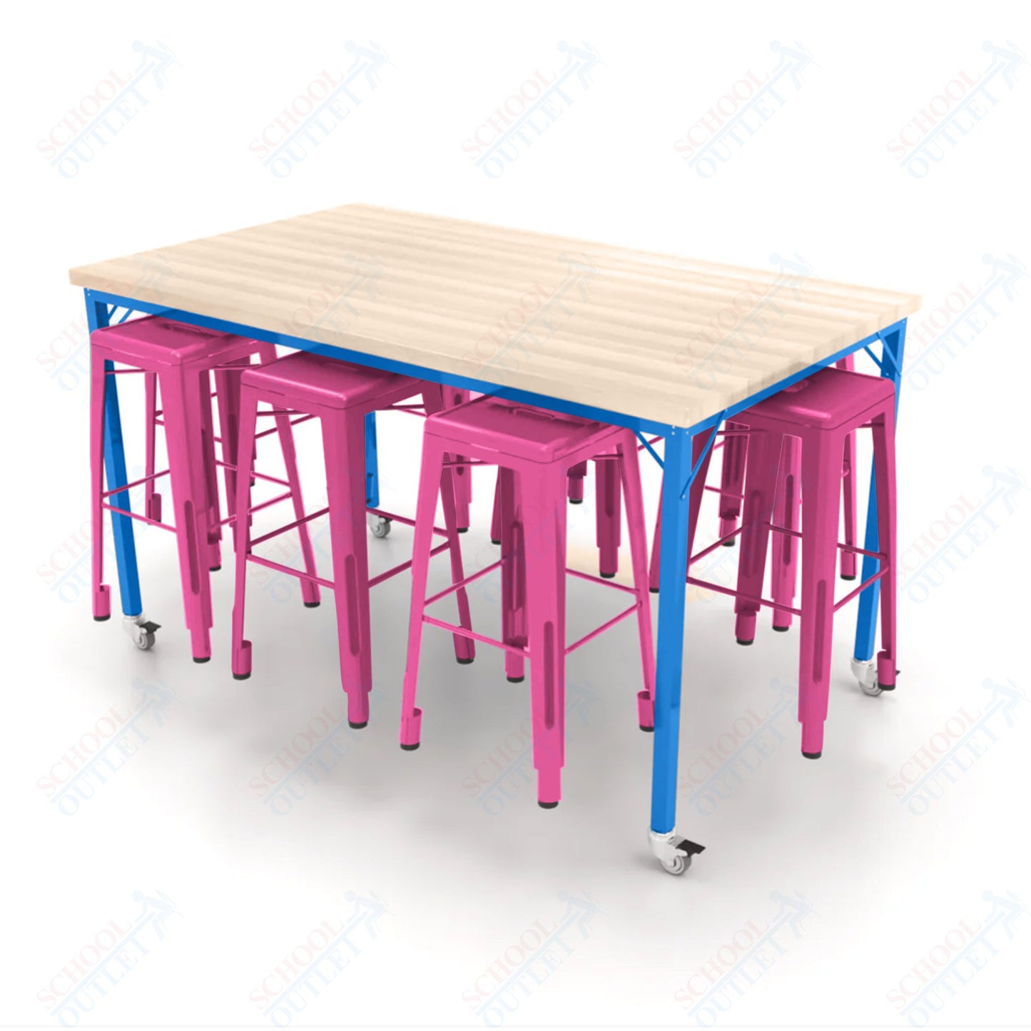 CEF Brainstorm Workbench 42"H with Butcher Block Top and Steel Frame, 8 Magnetic Metal Stools Included, for 6th Grade and Up - SchoolOutlet
