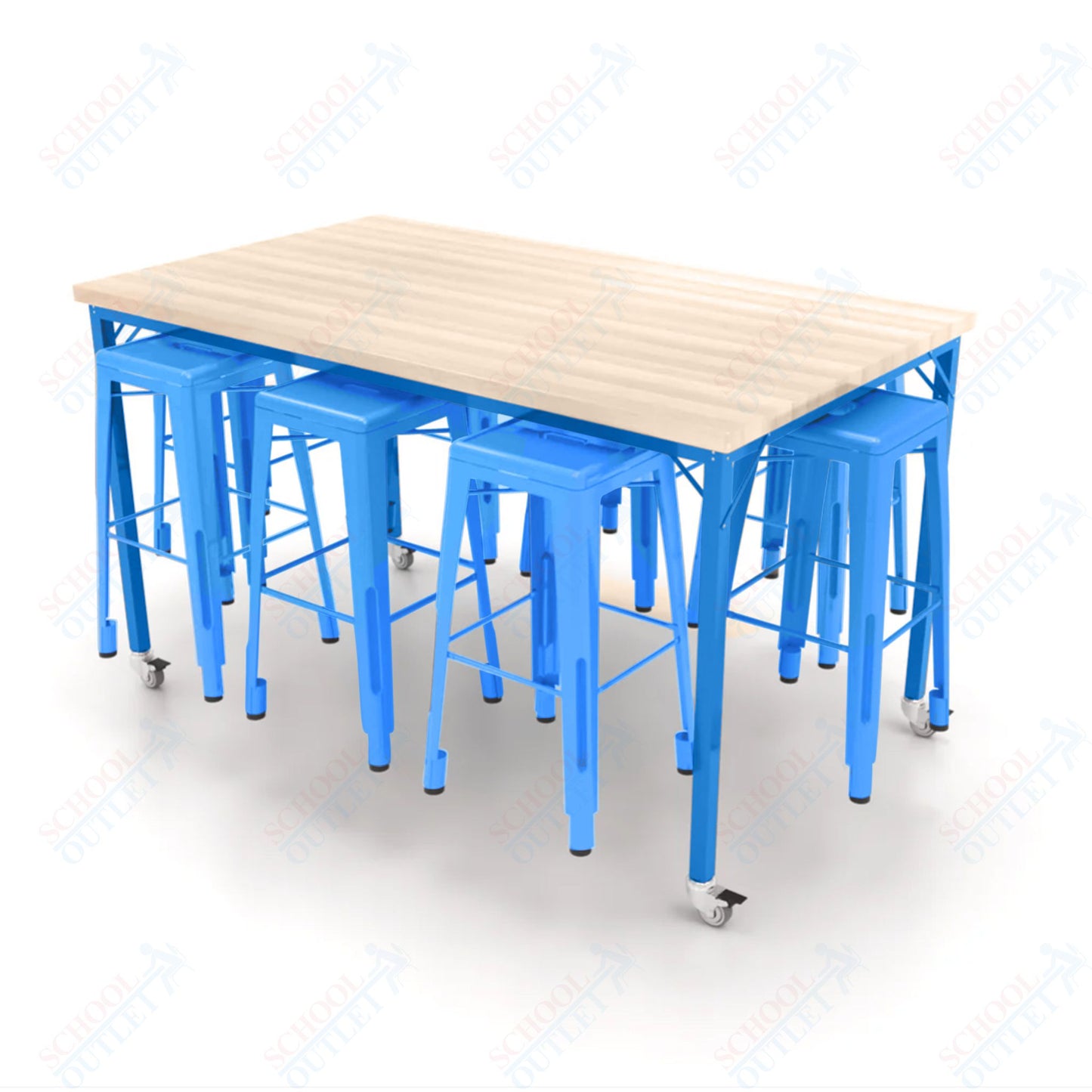 CEF Brainstorm Workbench 42"H with Butcher Block Top and Steel Frame, 8 Magnetic Metal Stools Included, for 6th Grade and Up - SchoolOutlet