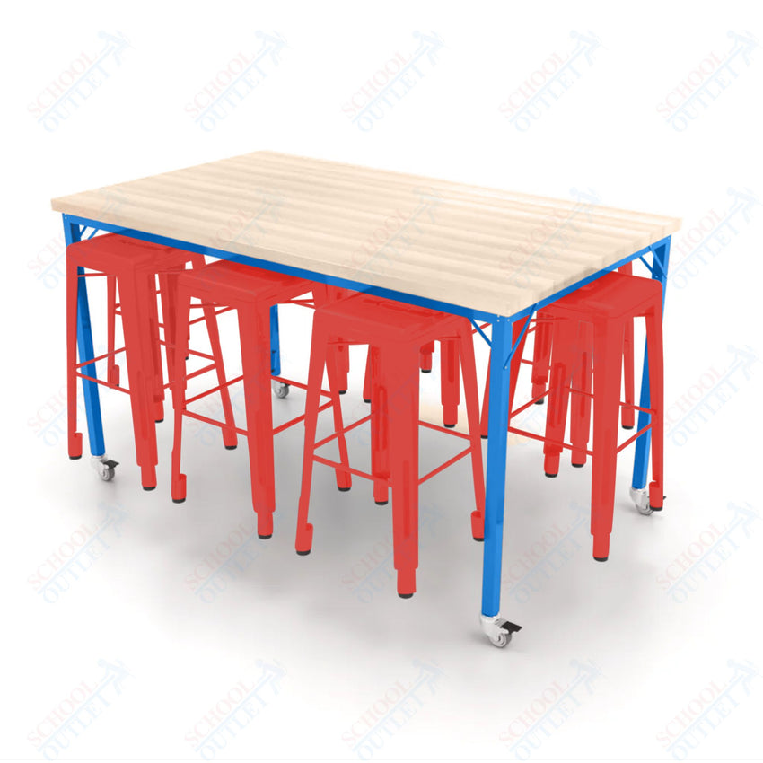 CEF Brainstorm Workbench 42"H with Butcher Block Top and Steel Frame, 8 Magnetic Metal Stools Included, for 6th Grade and Up - SchoolOutlet
