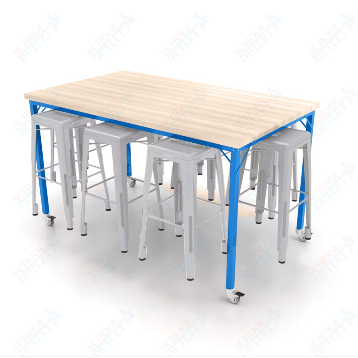 CEF Brainstorm Workbench 42"H with Butcher Block Top and Steel Frame, 8 Magnetic Metal Stools Included, for 6th Grade and Up - SchoolOutlet
