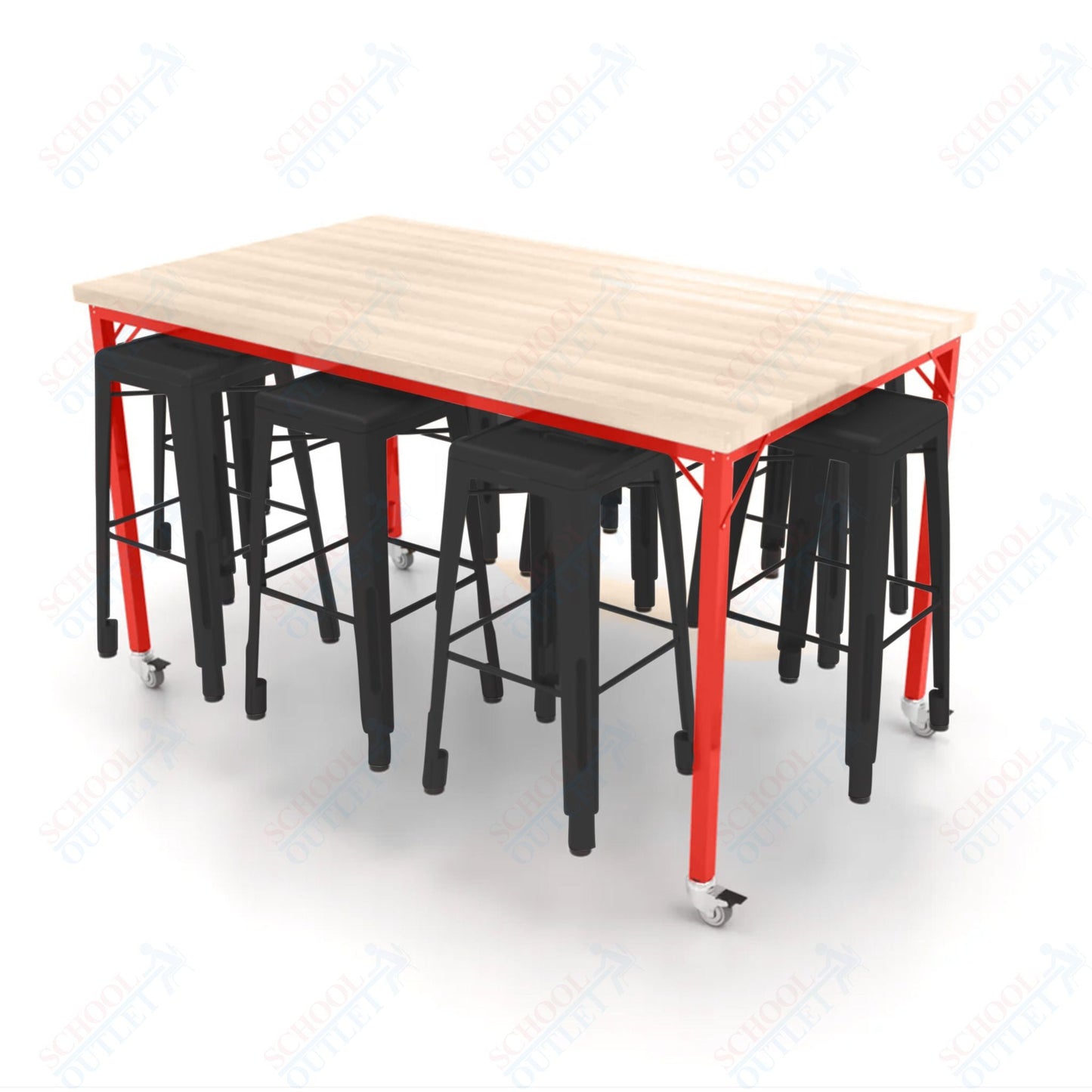 CEF Brainstorm Workbench 42"H with Butcher Block Top and Steel Frame, 8 Magnetic Metal Stools Included, for 6th Grade and Up - SchoolOutlet