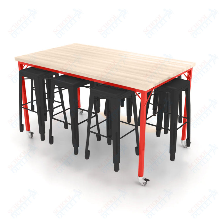 CEF Brainstorm Workbench 42"H with Butcher Block Top and Steel Frame, 8 Magnetic Metal Stools Included, for 6th Grade and Up - SchoolOutlet