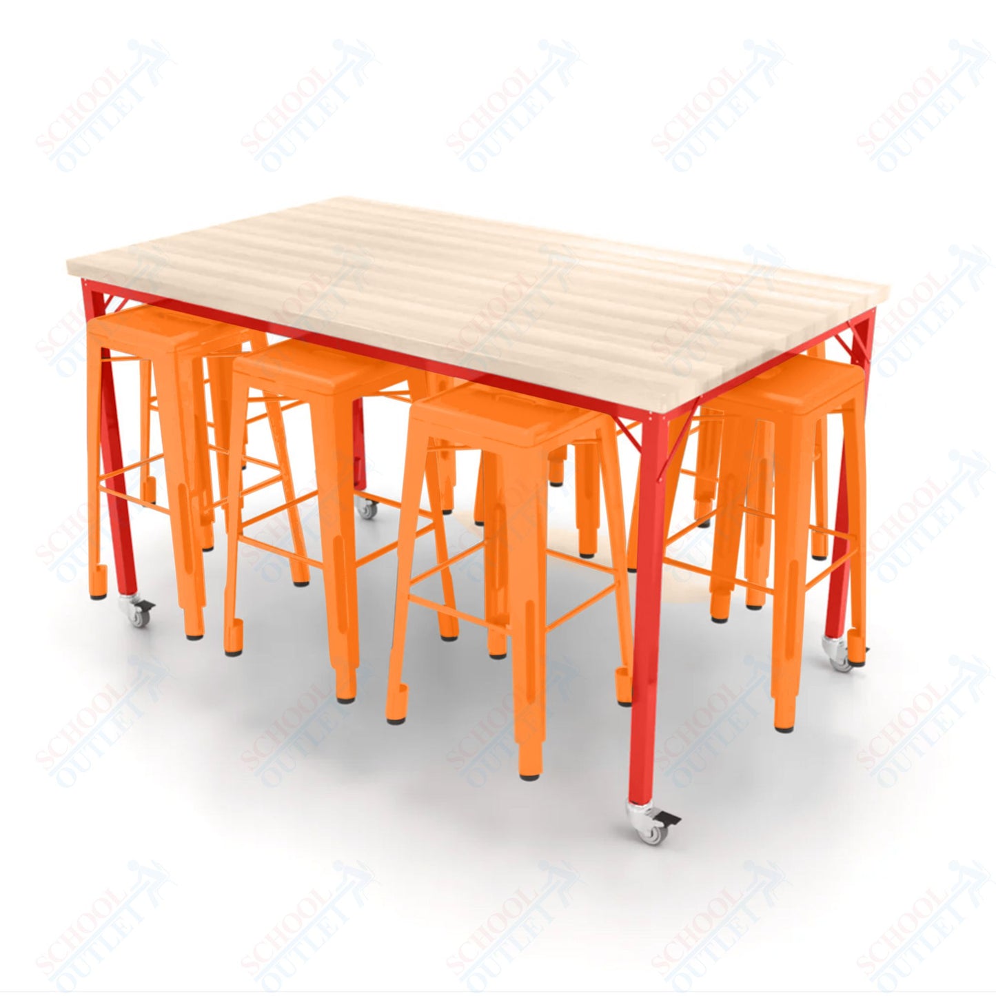 CEF Brainstorm Workbench 42"H with Butcher Block Top and Steel Frame, 8 Magnetic Metal Stools Included, for 6th Grade and Up - SchoolOutlet