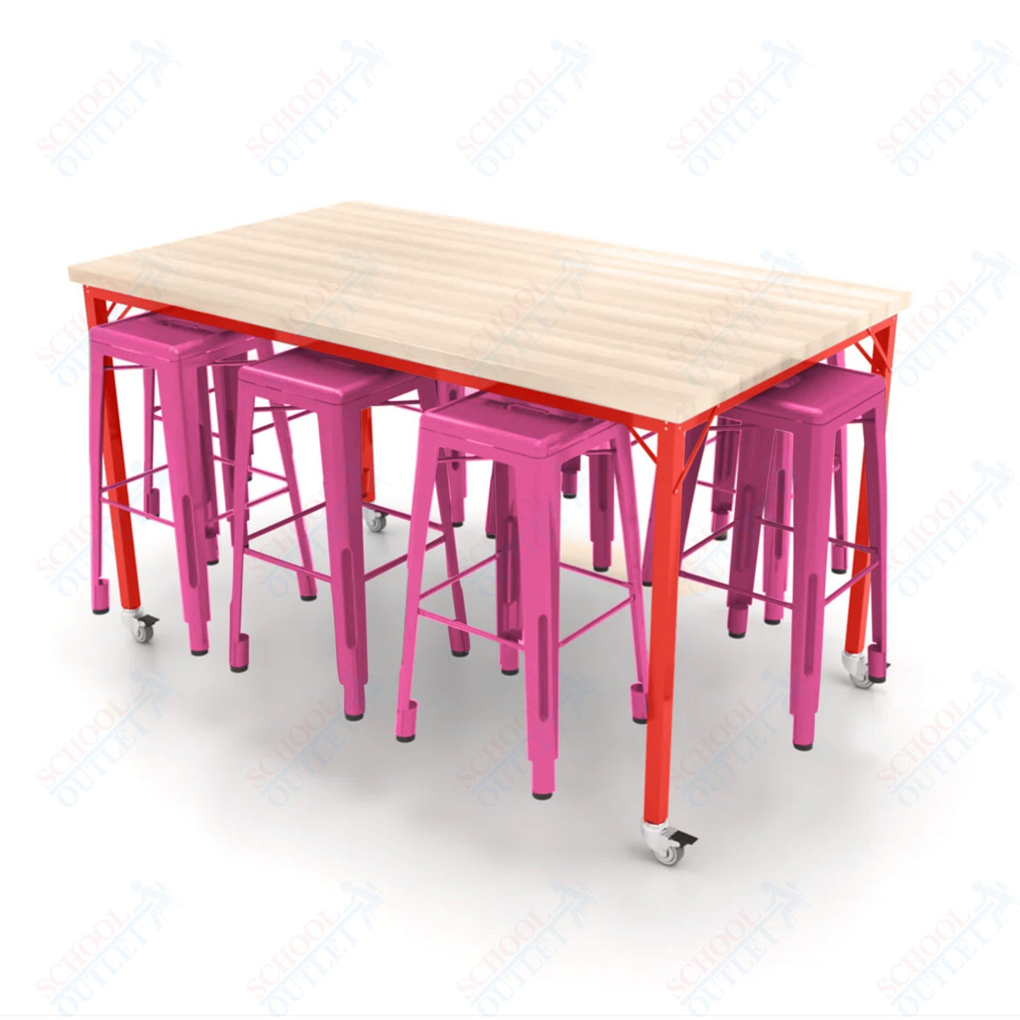 CEF Brainstorm Workbench 42"H with Butcher Block Top and Steel Frame, 8 Magnetic Metal Stools Included, for 6th Grade and Up - SchoolOutlet