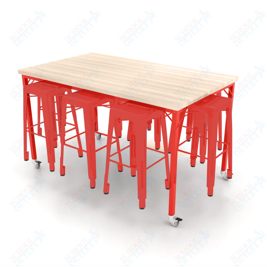 CEF Brainstorm Workbench 42"H with Butcher Block Top and Steel Frame, 8 Magnetic Metal Stools Included, for 6th Grade and Up - SchoolOutlet