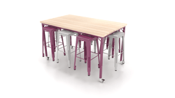 CEF Brainstorm Workbench 42"H with Butcher Block Top and Steel Frame, 8 Magnetic Metal Stools Included, for 6th Grade and Up