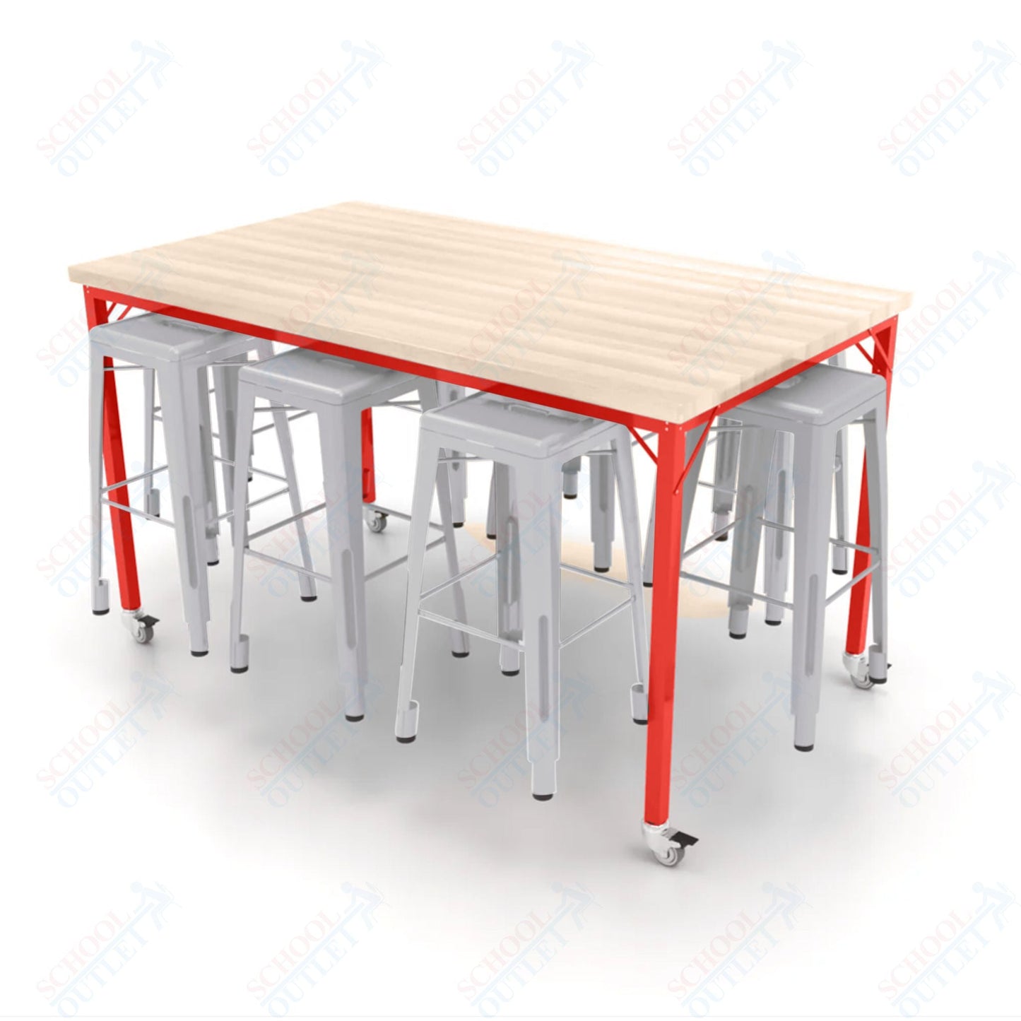 CEF Brainstorm Workbench 42"H with Butcher Block Top and Steel Frame, 8 Magnetic Metal Stools Included, for 6th Grade and Up - SchoolOutlet