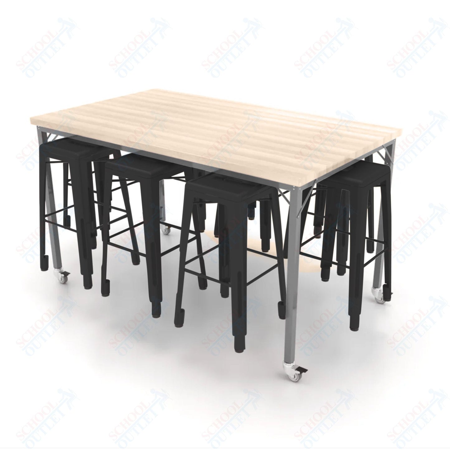 CEF Brainstorm Workbench 42"H with Butcher Block Top and Steel Frame, 8 Magnetic Metal Stools Included, for 6th Grade and Up - SchoolOutlet