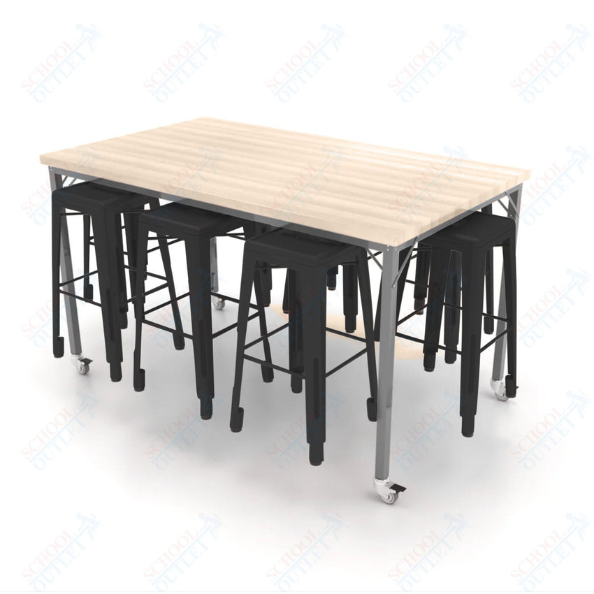 CEF Brainstorm Workbench 42"H with Butcher Block Top and Steel Frame, 8 Magnetic Metal Stools Included, for 6th Grade and Up - SchoolOutlet