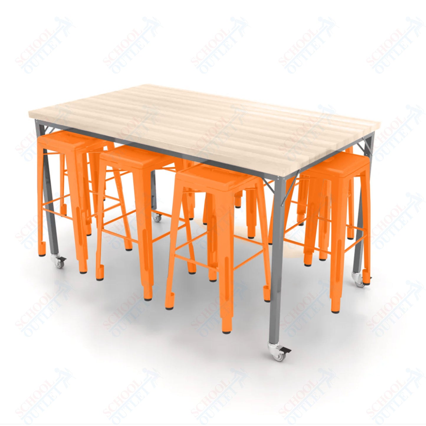 CEF Brainstorm Workbench 42"H with Butcher Block Top and Steel Frame, 8 Magnetic Metal Stools Included, for 6th Grade and Up - SchoolOutlet