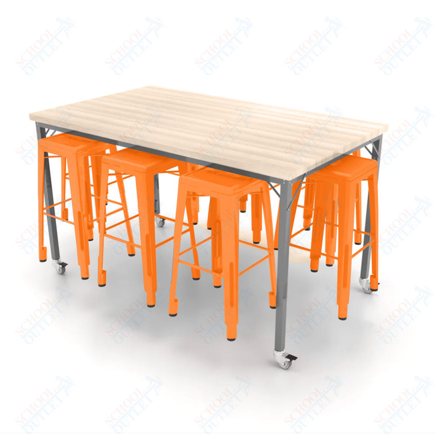 CEF Brainstorm Workbench 42"H with Butcher Block Top and Steel Frame, 8 Magnetic Metal Stools Included, for 6th Grade and Up - SchoolOutlet