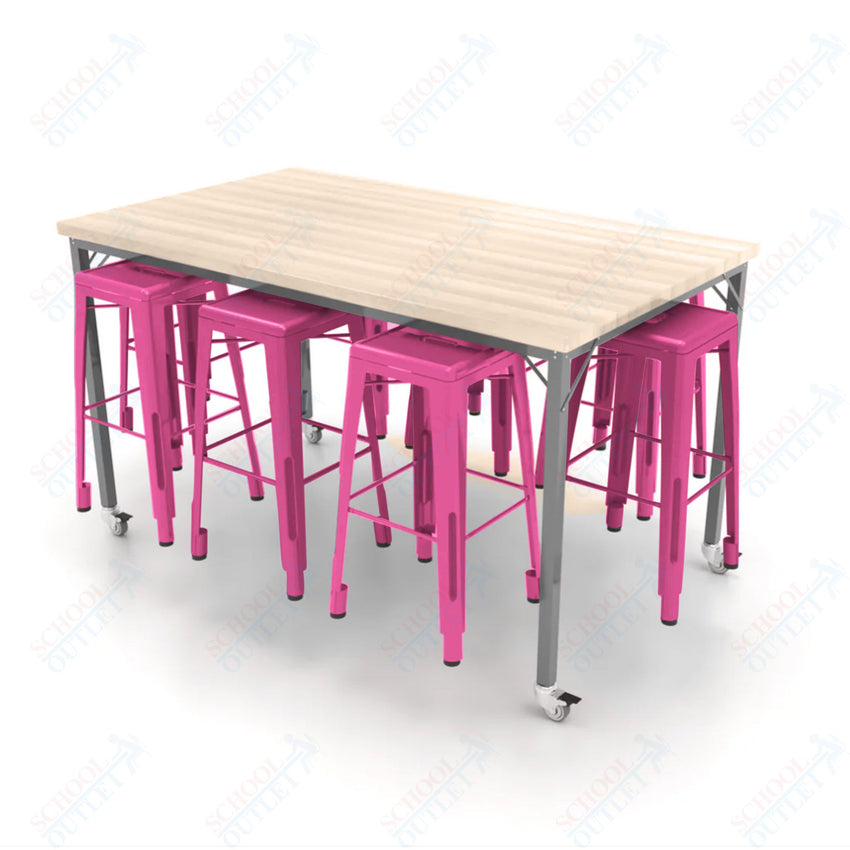 CEF Brainstorm Workbench 42"H with Butcher Block Top and Steel Frame, 8 Magnetic Metal Stools Included, for 6th Grade and Up - SchoolOutlet