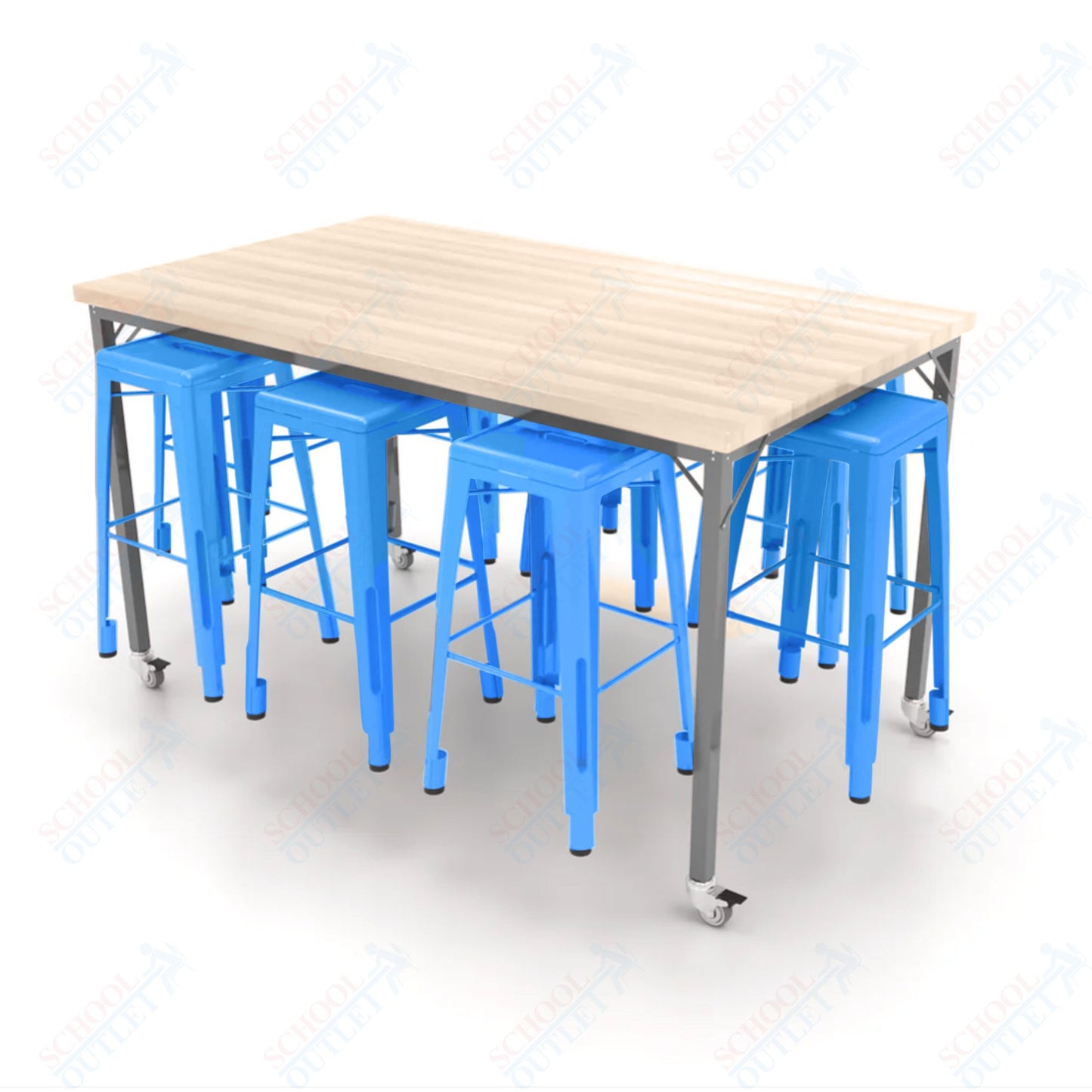 CEF Brainstorm Workbench 42"H with Butcher Block Top and Steel Frame, 8 Magnetic Metal Stools Included, for 6th Grade and Up - SchoolOutlet