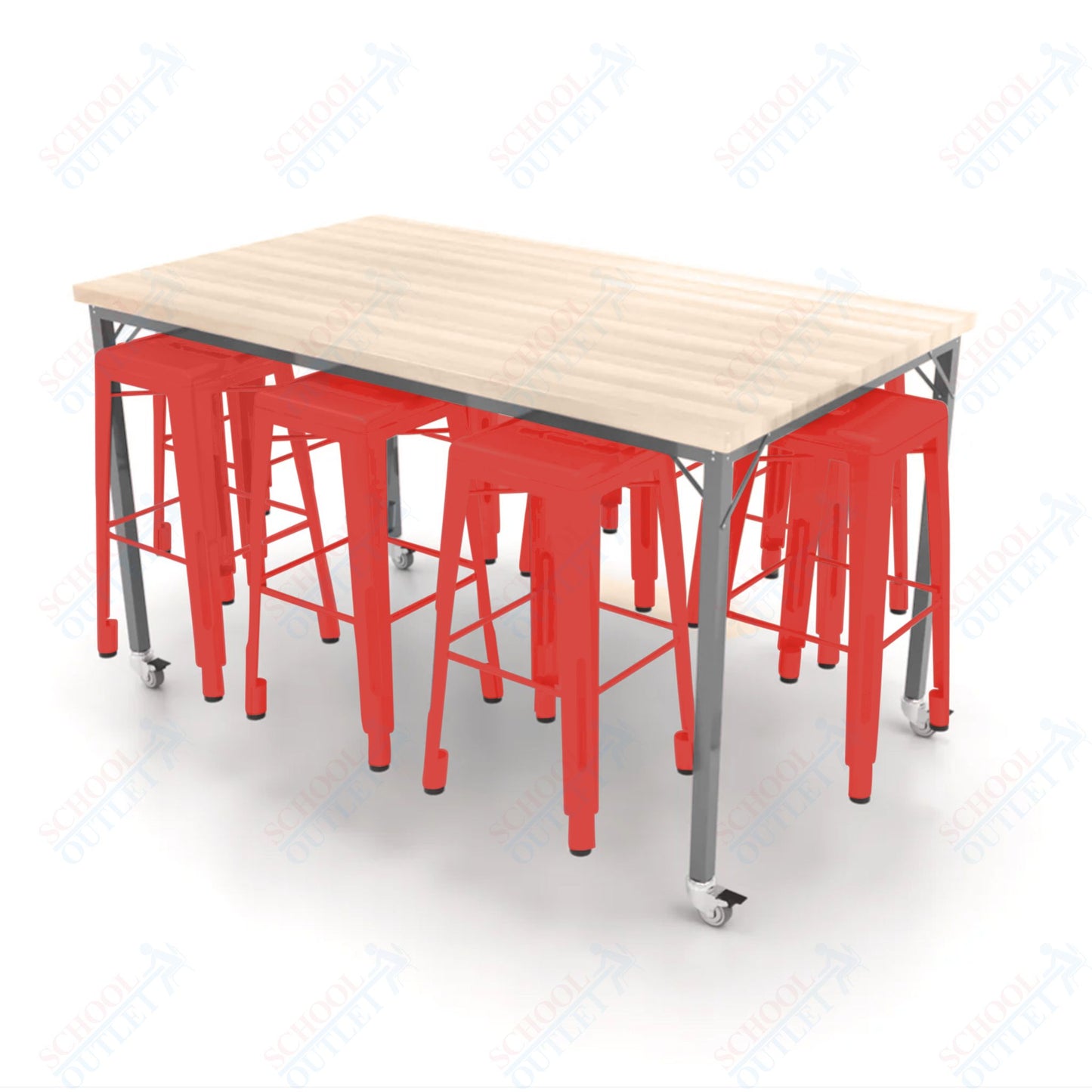 CEF Brainstorm Workbench 42"H with Butcher Block Top and Steel Frame, 8 Magnetic Metal Stools Included, for 6th Grade and Up - SchoolOutlet