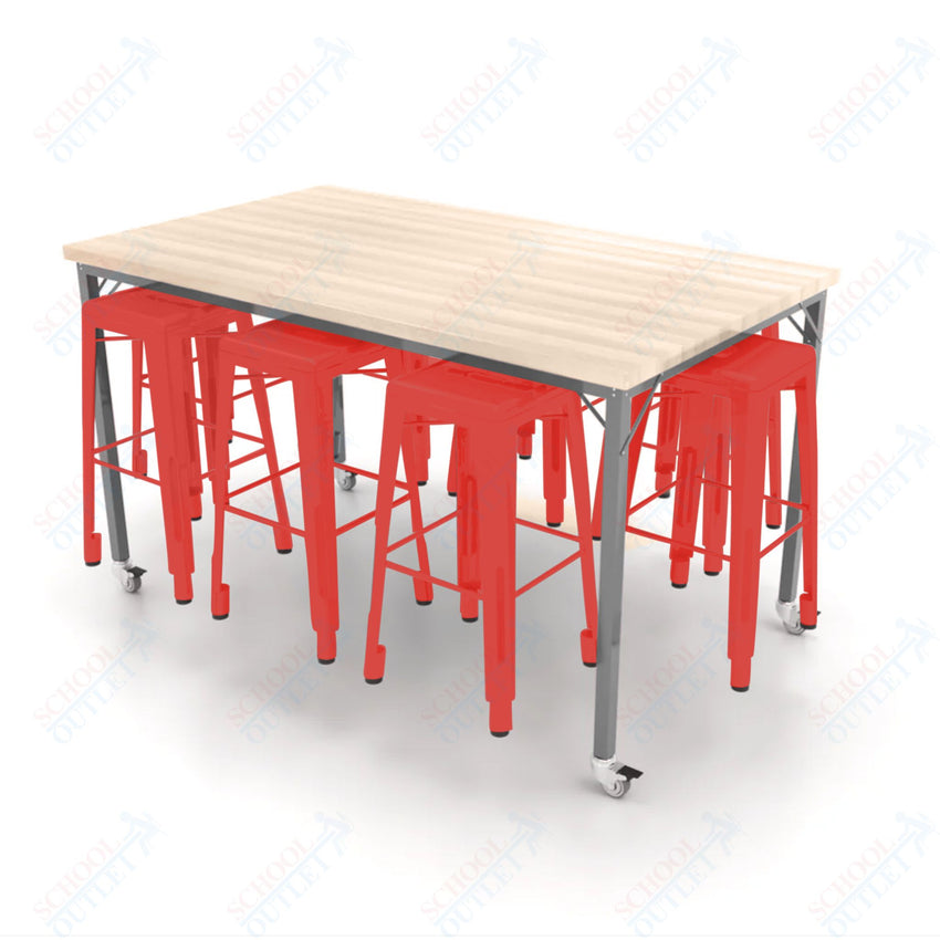 CEF Brainstorm Workbench 42"H with Butcher Block Top and Steel Frame, 8 Magnetic Metal Stools Included, for 6th Grade and Up - SchoolOutlet