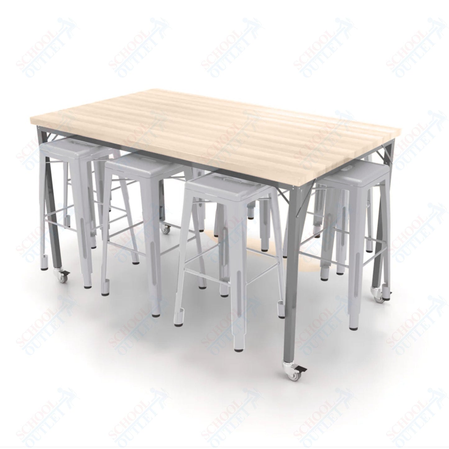 CEF Brainstorm Workbench 42"H with Butcher Block Top and Steel Frame, 8 Magnetic Metal Stools Included, for 6th Grade and Up - SchoolOutlet