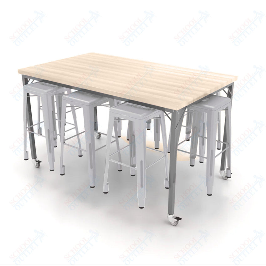 CEF Brainstorm Workbench 42"H with Butcher Block Top and Steel Frame, 8 Magnetic Metal Stools Included, for 6th Grade and Up - SchoolOutlet