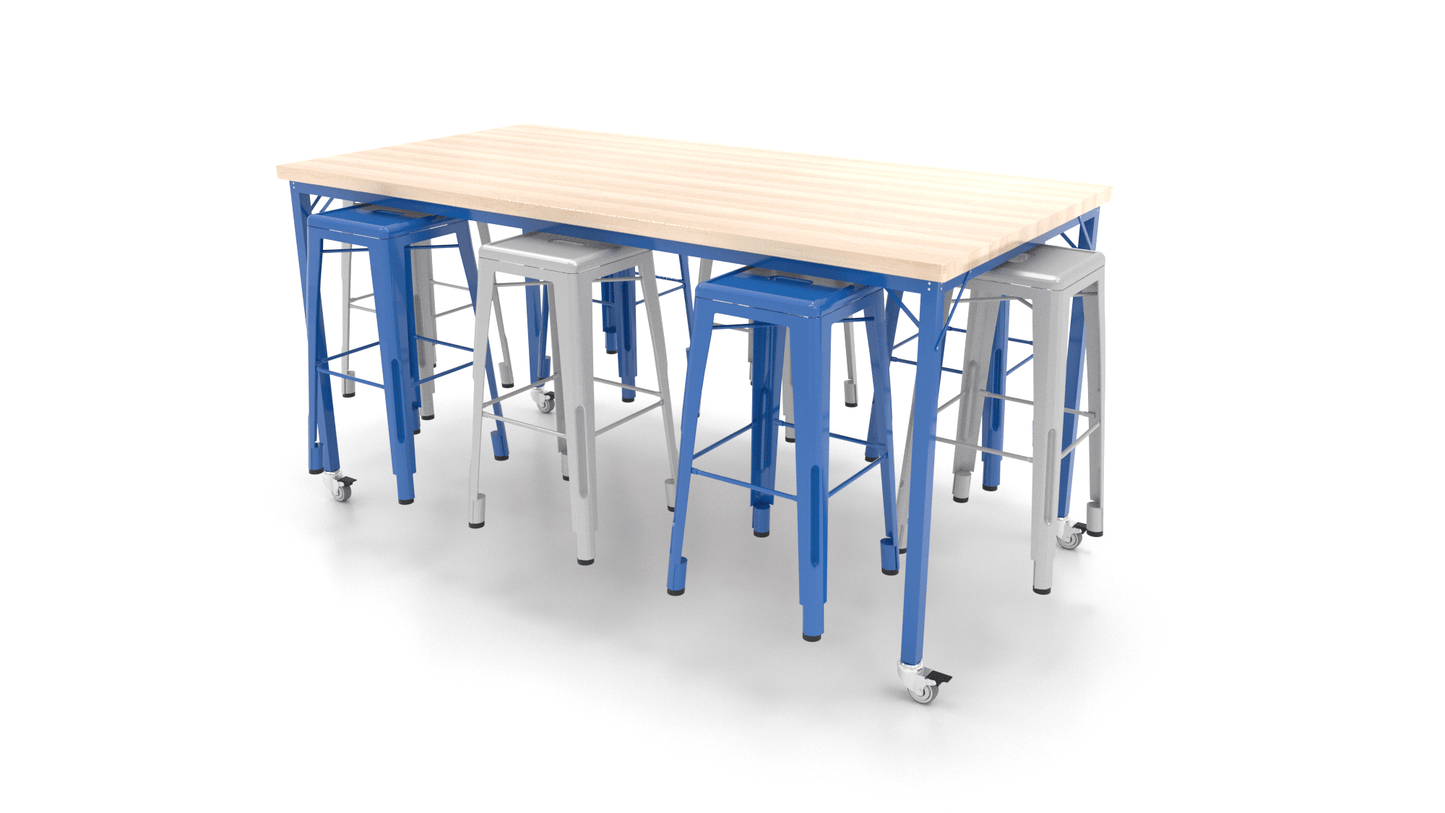 CEF Brainstorm Workbench 42"H with Butcher Block Top and Steel Frame, 8 Magnetic Metal Stools Included, for 6th Grade and Up - SchoolOutlet