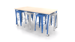 CEF Brainstorm Workbench 42"H with Butcher Block Top and Steel Frame, 8 Magnetic Metal Stools Included, for 6th Grade and Up