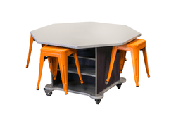 CEF Creation Cube Double-Sided Storage Table - 30"H, High-Pressure Laminate Base and Octagon Top - 4 Metal Stools Included