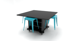 CEF Creation Cube Double-Sided Storage Table - 30"H, High-Pressure Laminate Base and Square Top - 4 Metal Stools Included