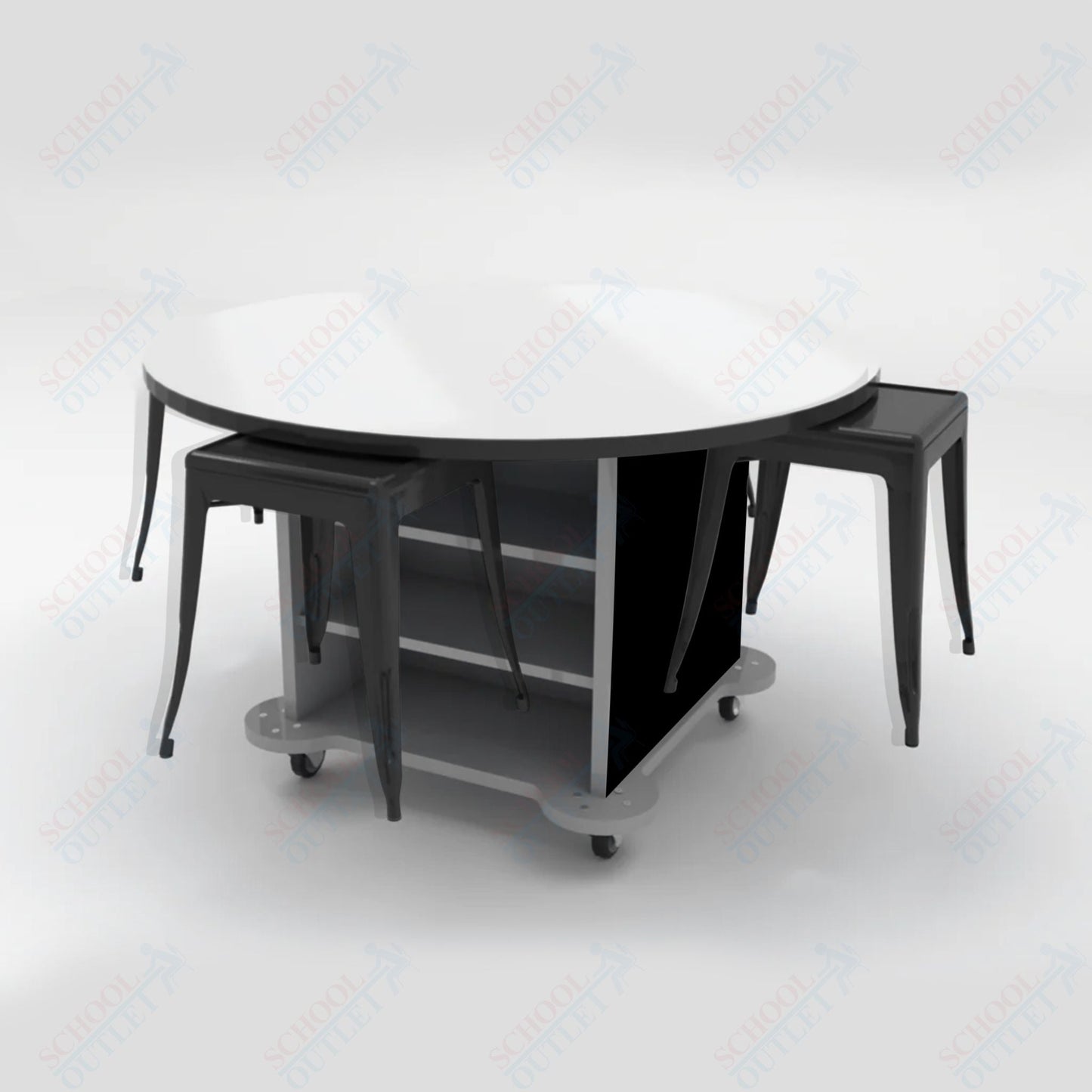 CEF Creation Cube Double - Sided Storage Table - 30"H, White Dry Erase Round Top, High - Pressure Laminate Base and 4 Metal Stools Included - SchoolOutlet