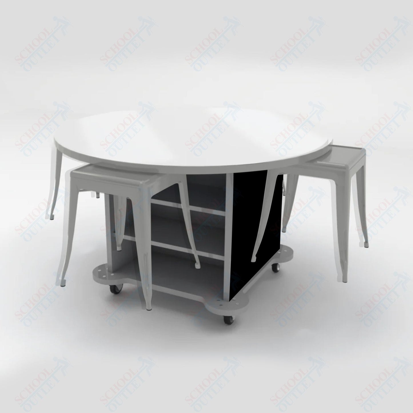 CEF Creation Cube Double - Sided Storage Table - 30"H, White Dry Erase Round Top, High - Pressure Laminate Base and 4 Metal Stools Included - SchoolOutlet