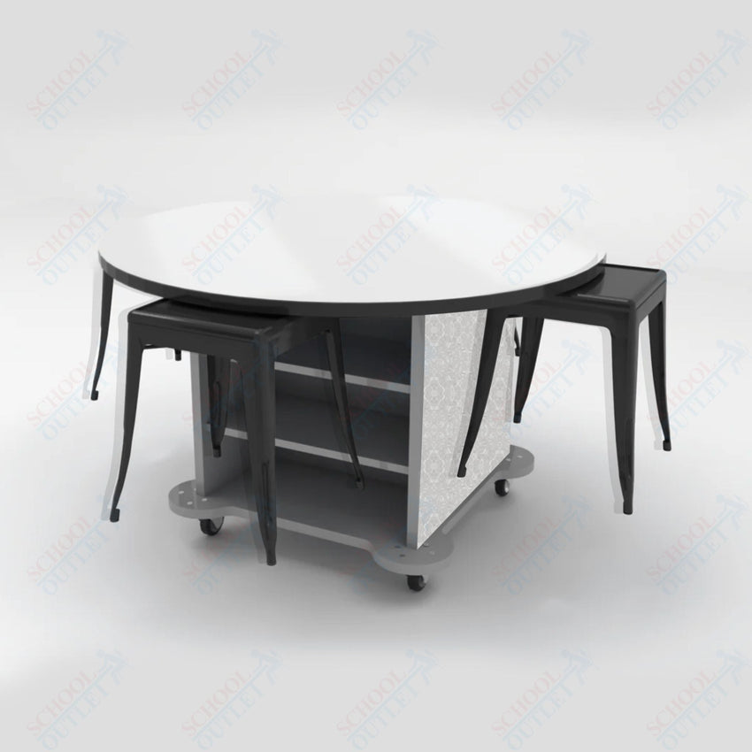 CEF Creation Cube Double - Sided Storage Table - 30"H, White Dry Erase Round Top, High - Pressure Laminate Base and 4 Metal Stools Included - SchoolOutlet
