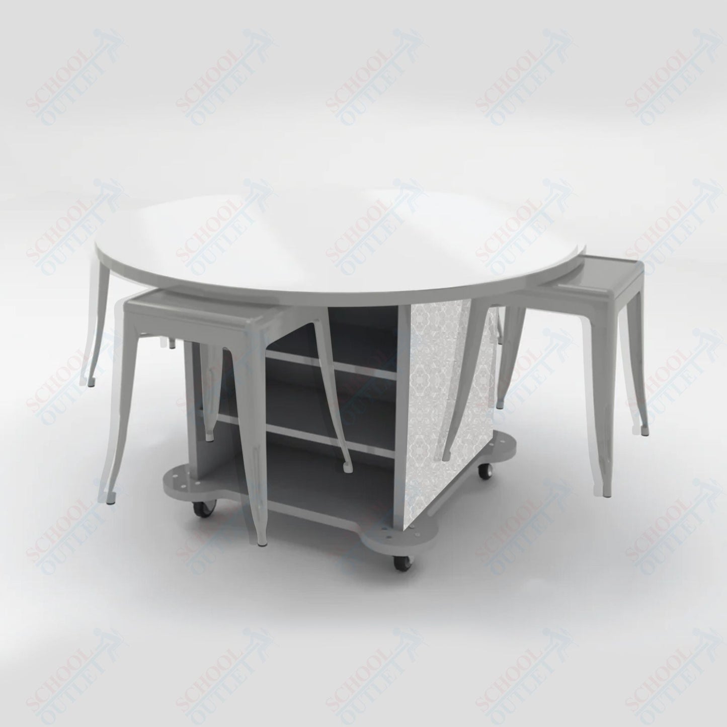 CEF Creation Cube Double - Sided Storage Table - 30"H, White Dry Erase Round Top, High - Pressure Laminate Base and 4 Metal Stools Included - SchoolOutlet