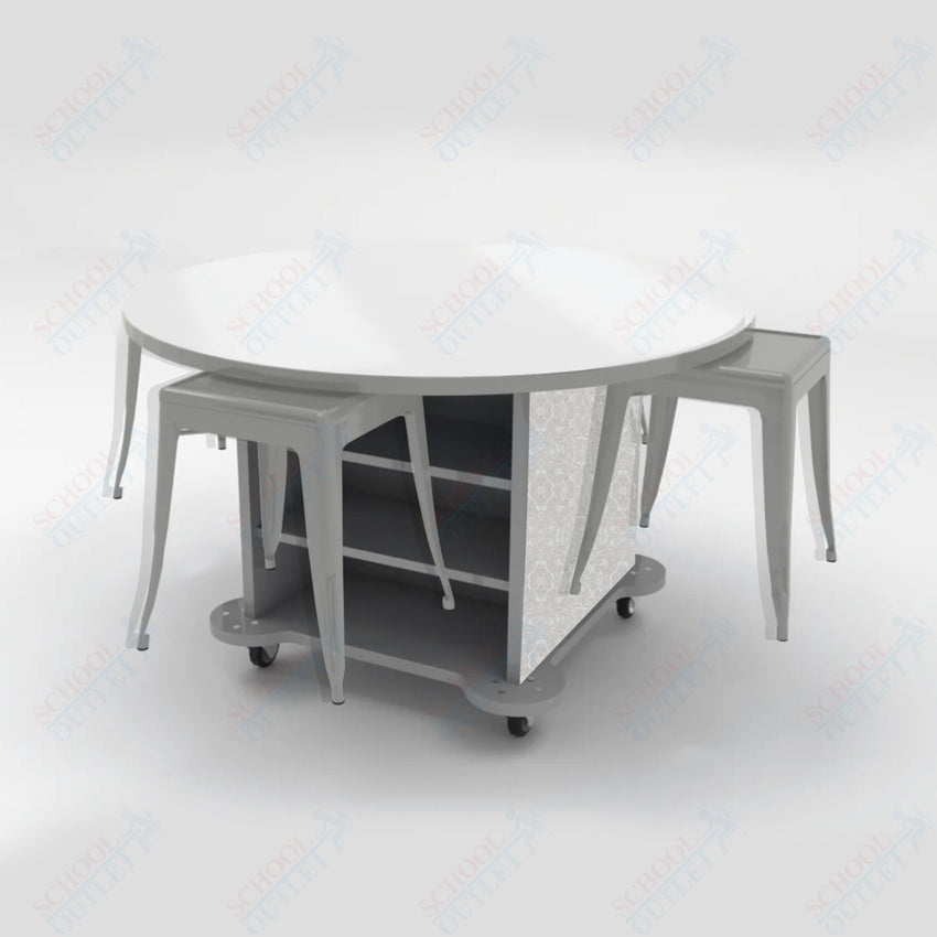 CEF Creation Cube Double - Sided Storage Table - 30"H, White Dry Erase Round Top, High - Pressure Laminate Base and 4 Metal Stools Included - SchoolOutlet