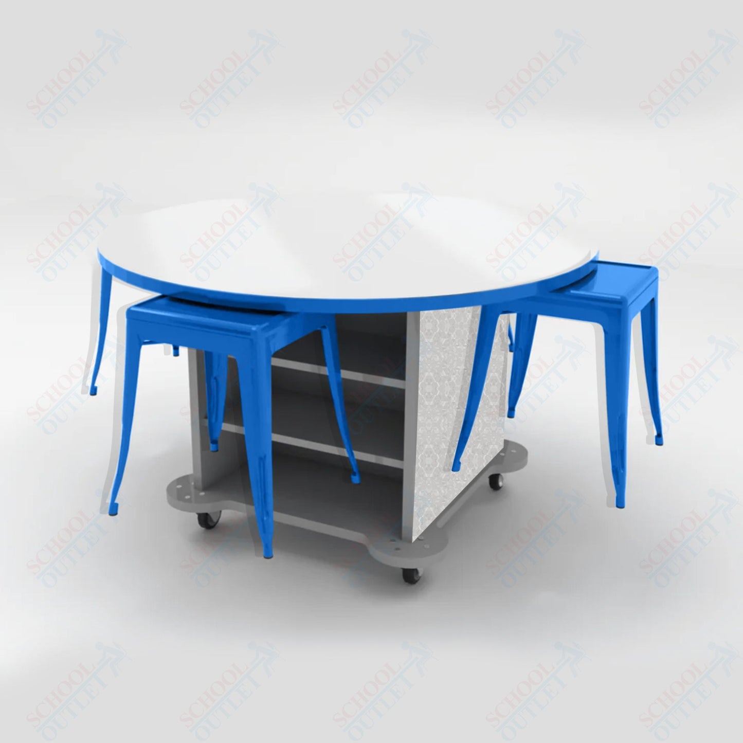 CEF Creation Cube Double - Sided Storage Table - 30"H, White Dry Erase Round Top, High - Pressure Laminate Base and 4 Metal Stools Included - SchoolOutlet