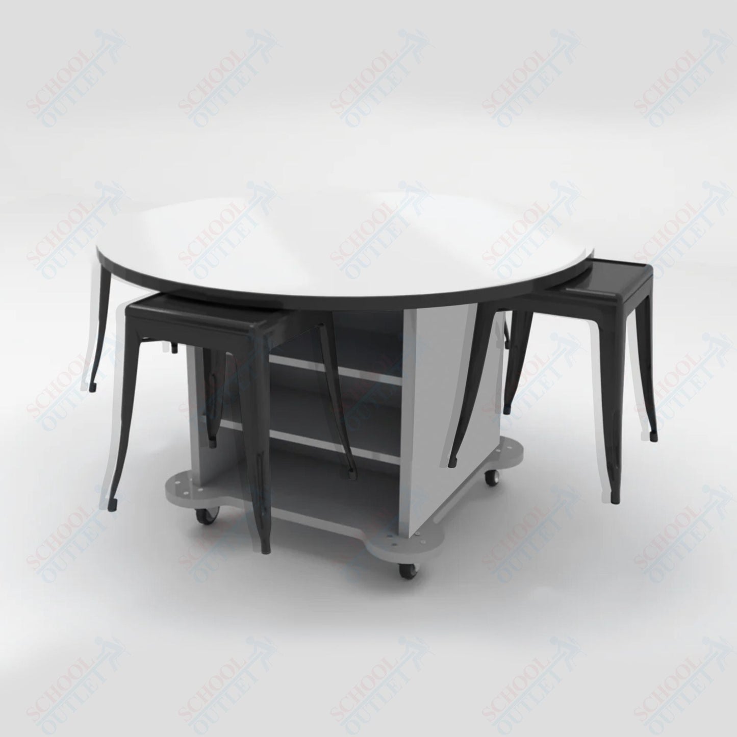 CEF Creation Cube Double - Sided Storage Table - 30"H, White Dry Erase Round Top, High - Pressure Laminate Base and 4 Metal Stools Included - SchoolOutlet