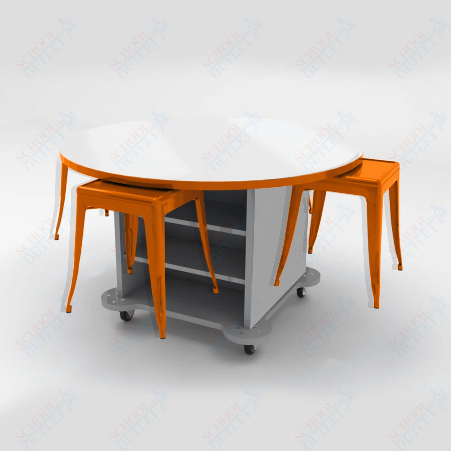 CEF Creation Cube Double - Sided Storage Table - 30"H, White Dry Erase Round Top, High - Pressure Laminate Base and 4 Metal Stools Included - SchoolOutlet