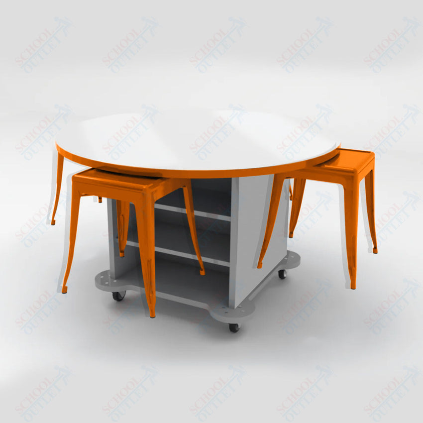 CEF Creation Cube Double - Sided Storage Table - 30"H, White Dry Erase Round Top, High - Pressure Laminate Base and 4 Metal Stools Included - SchoolOutlet