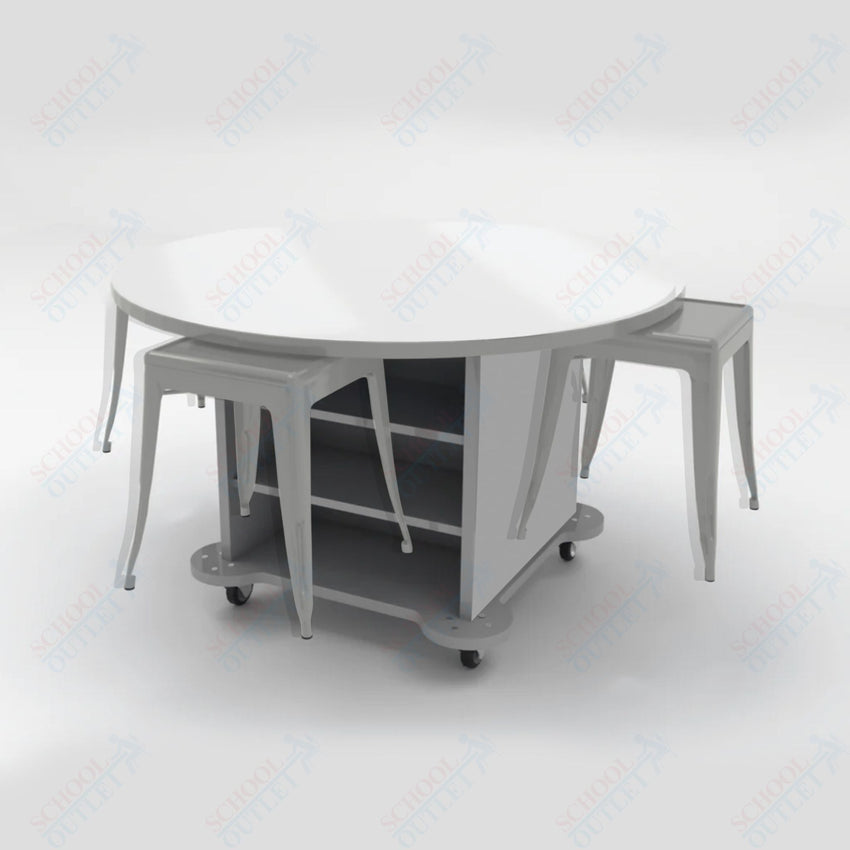 CEF Creation Cube Double - Sided Storage Table - 30"H, White Dry Erase Round Top, High - Pressure Laminate Base and 4 Metal Stools Included - SchoolOutlet