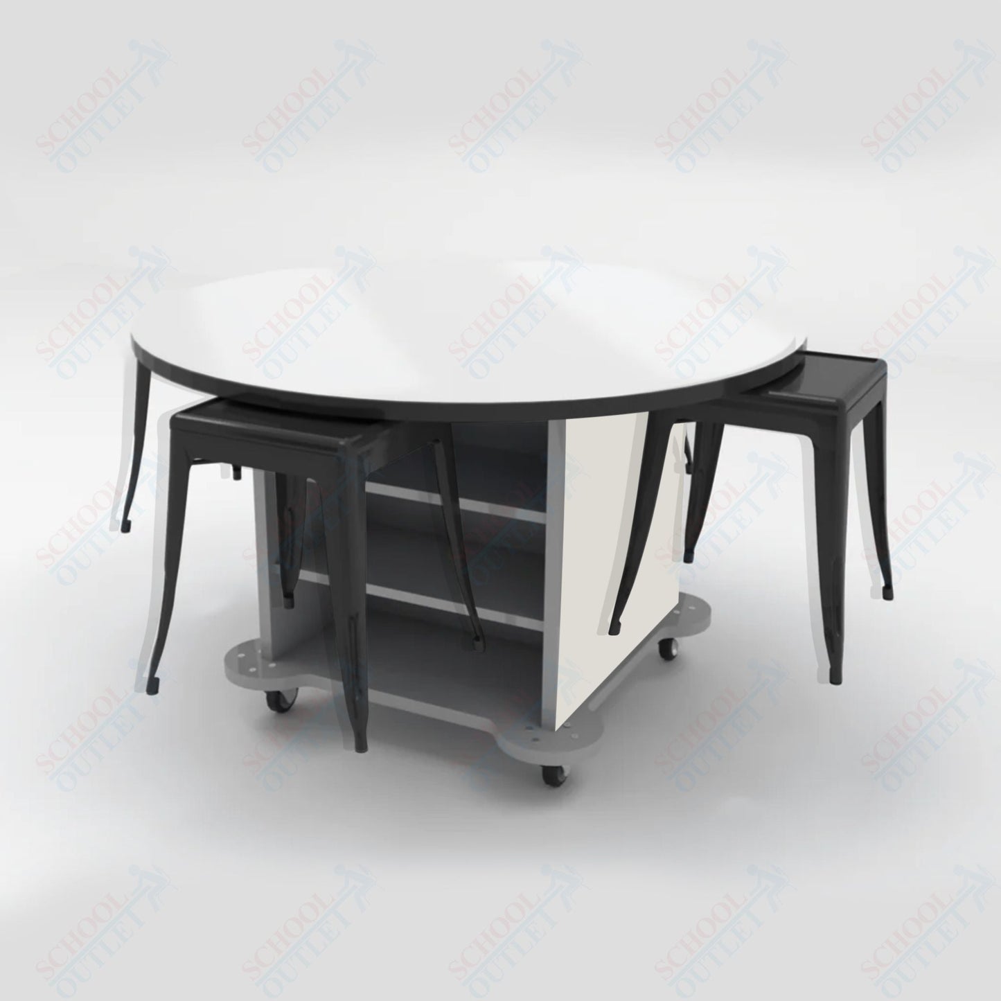 CEF Creation Cube Double - Sided Storage Table - 30"H, White Dry Erase Round Top, High - Pressure Laminate Base and 4 Metal Stools Included - SchoolOutlet