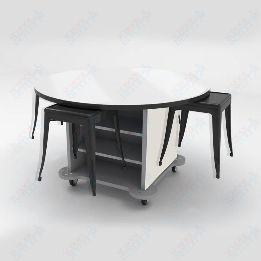 CEF Creation Cube Double - Sided Storage Table - 30"H, White Dry Erase Round Top, High - Pressure Laminate Base and 4 Metal Stools Included - SchoolOutlet