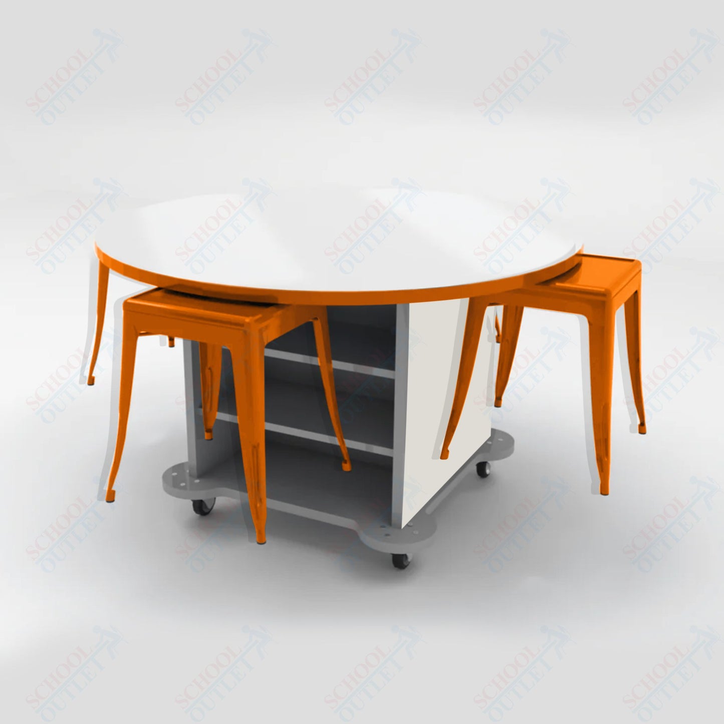 CEF Creation Cube Double - Sided Storage Table - 30"H, White Dry Erase Round Top, High - Pressure Laminate Base and 4 Metal Stools Included - SchoolOutlet