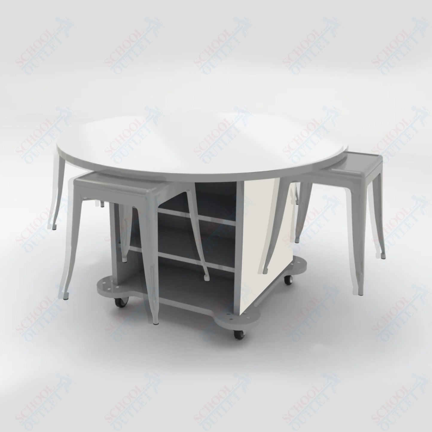 CEF Creation Cube Double - Sided Storage Table - 30"H, White Dry Erase Round Top, High - Pressure Laminate Base and 4 Metal Stools Included - SchoolOutlet