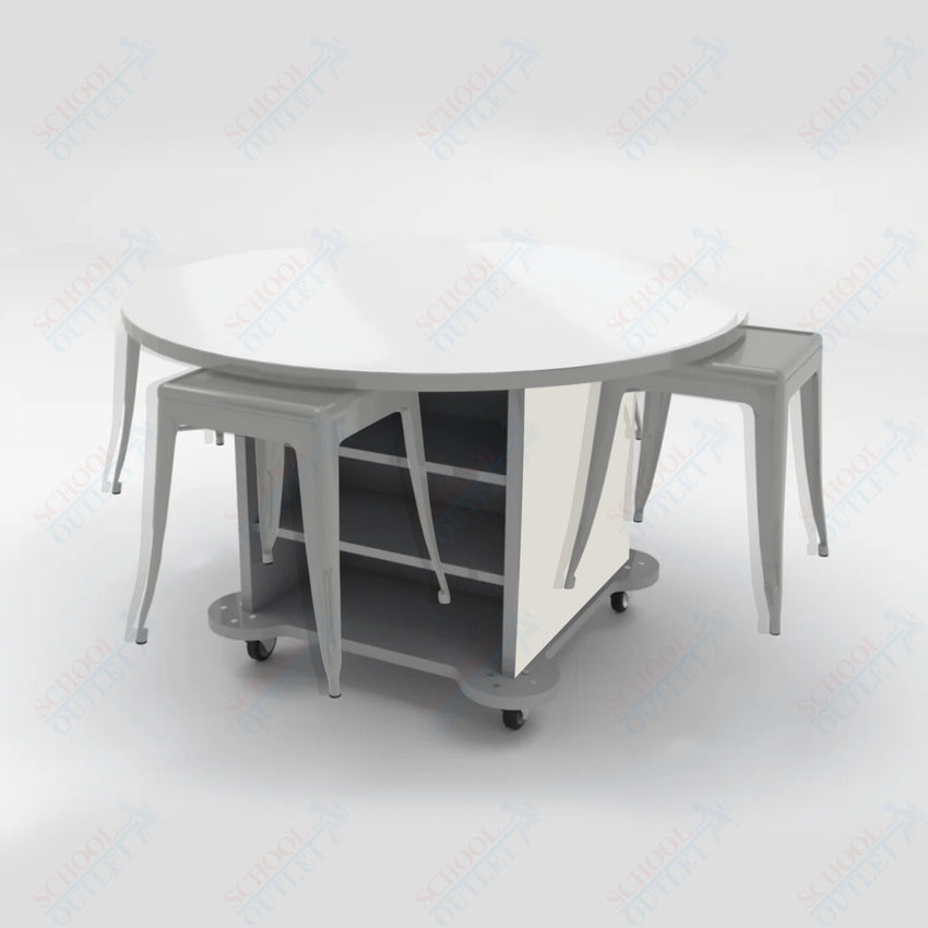 CEF Creation Cube Double - Sided Storage Table - 30"H, White Dry Erase Round Top, High - Pressure Laminate Base and 4 Metal Stools Included - SchoolOutlet