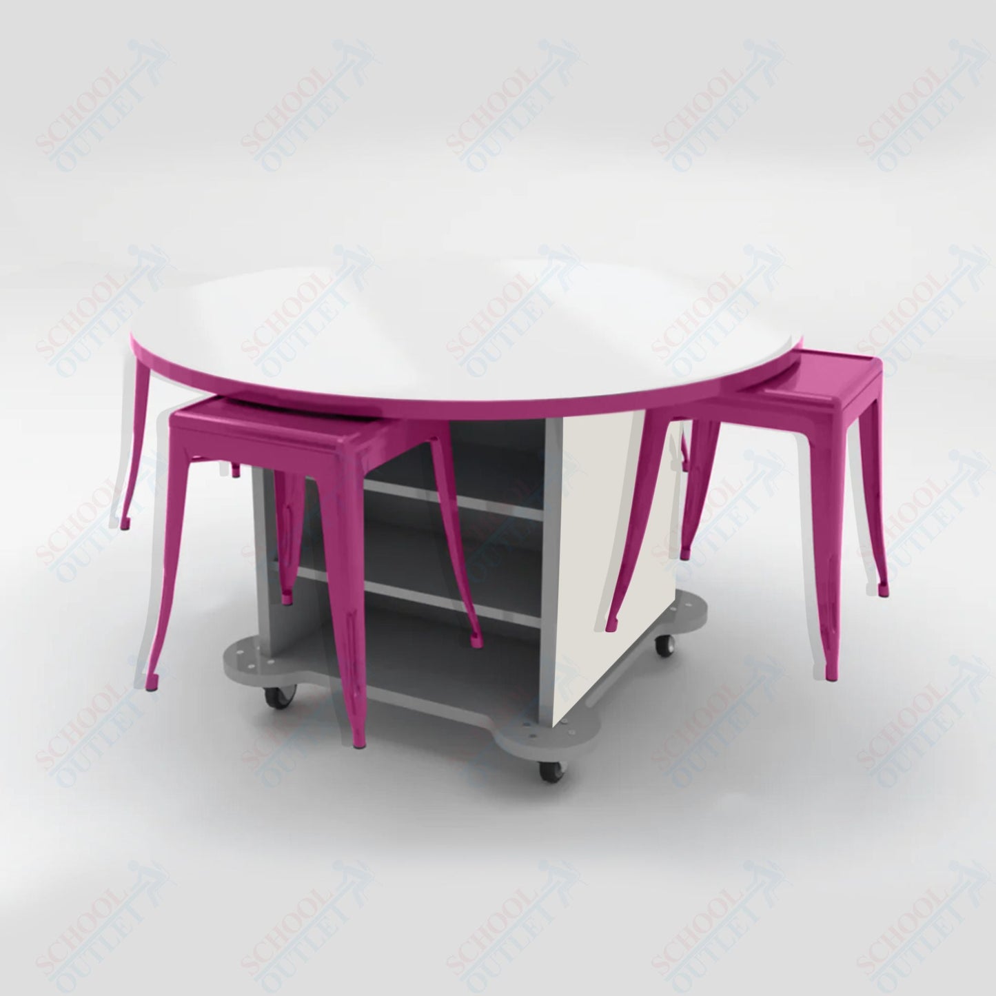 CEF Creation Cube Double - Sided Storage Table - 30"H, White Dry Erase Round Top, High - Pressure Laminate Base and 4 Metal Stools Included - SchoolOutlet