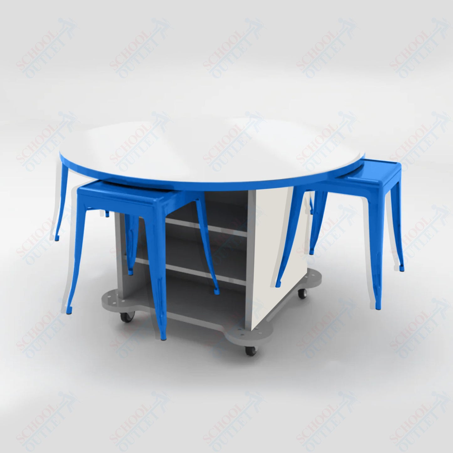 CEF Creation Cube Double - Sided Storage Table - 30"H, White Dry Erase Round Top, High - Pressure Laminate Base and 4 Metal Stools Included - SchoolOutlet