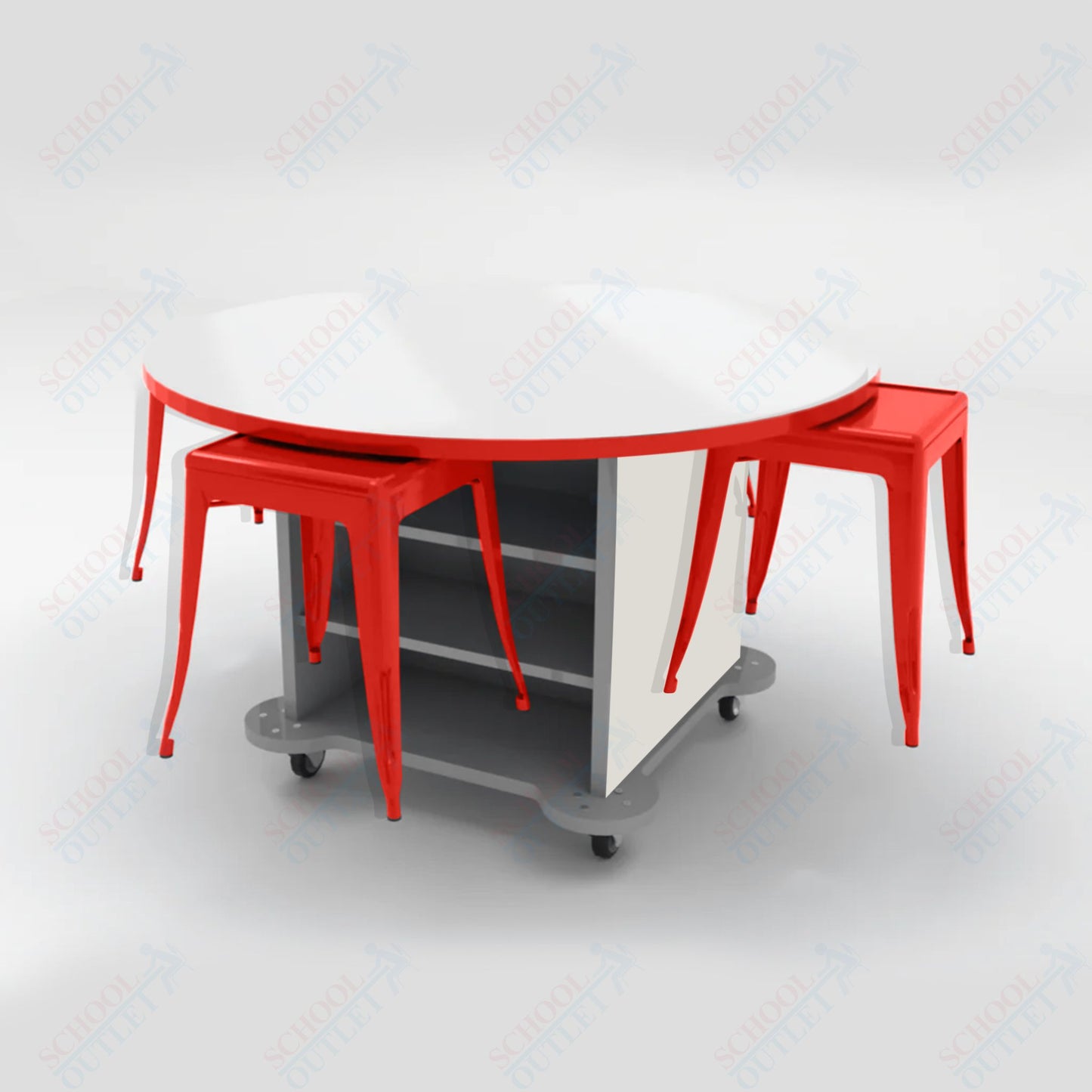 CEF Creation Cube Double - Sided Storage Table - 30"H, White Dry Erase Round Top, High - Pressure Laminate Base and 4 Metal Stools Included - SchoolOutlet